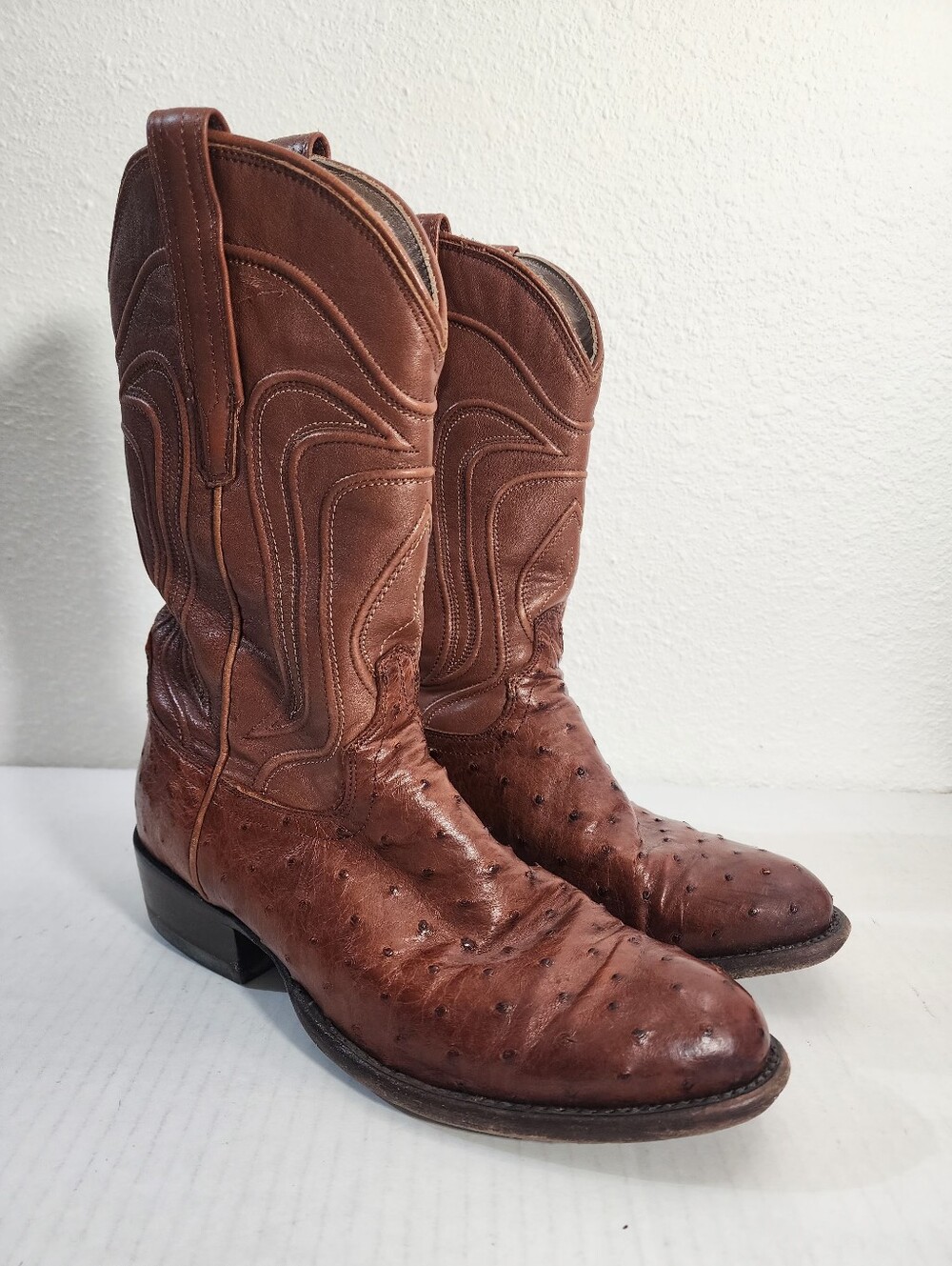 Tecovas The Duke Men Cowboy Boots Ostrich Leather Brown Roper Size 7 D